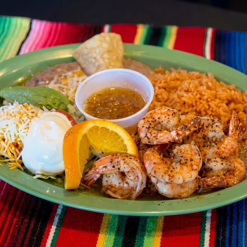 A vibrant Mexican shrimp platter with rice, beans, avocado, sour cream, cheese, and salsa.