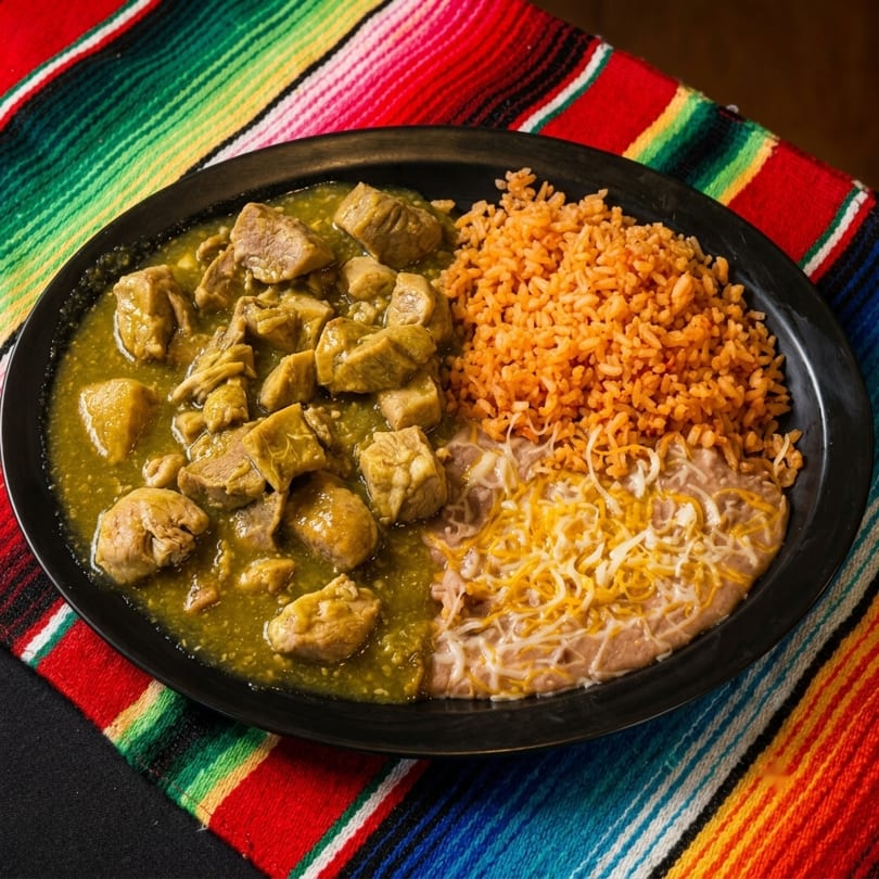 Pork chile verde with rice and refried beans topped with cheese on a black plate.